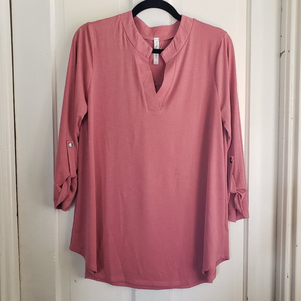 Everyday V-Neck Roll-Sleeve Blouse in Dusty Rose